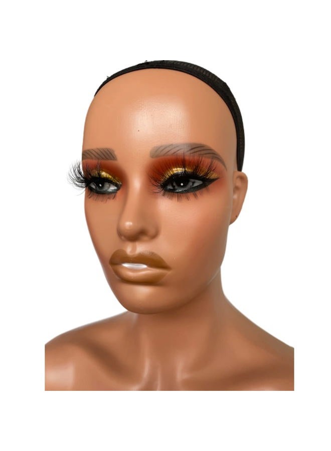 Voloria Realistic Female Mannequin Head with Shoulder Manikin PVC Head Bust Wig Head Stand with Makeup for Wigs Necklace Earrings Light Brown with Yellow Eye Shadow - Image 5