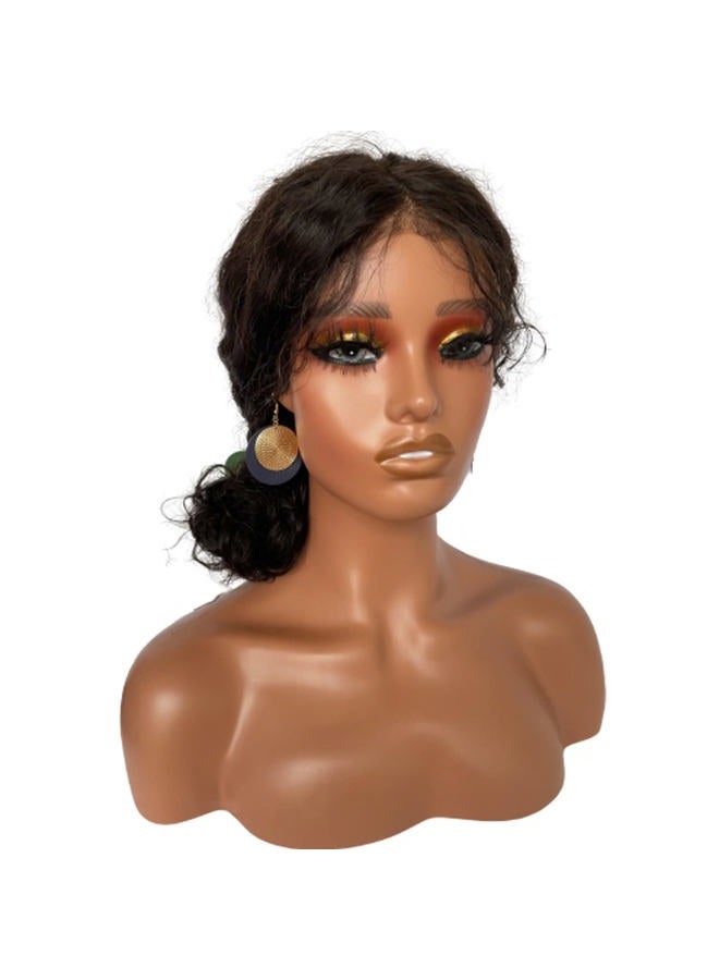 Voloria Realistic Female Mannequin Head with Shoulder Manikin PVC Head Bust Wig Head Stand with Makeup for Wigs Necklace Earrings Light Brown with Yellow Eye Shadow - Image 1