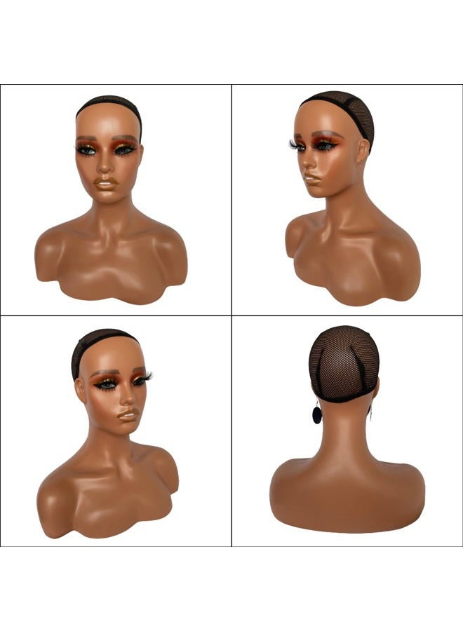 Voloria Realistic Female Mannequin Head with Shoulder Manikin PVC Head Bust Wig Head Stand with Makeup for Wigs Necklace Earrings Light Brown with Yellow Eye Shadow - Image 3