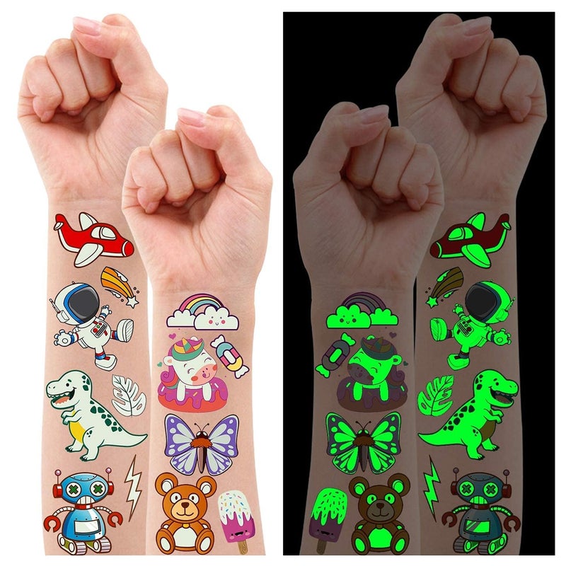 Partywind 380 Styles (30 Sheets) Luminous Tattoos for Kids, Mixed Styles Temporary Tattoos Stickers with Mermaid/Dinosaur/Space/Pirate for Boys and Girls, Glow Party Supplies - Image 1