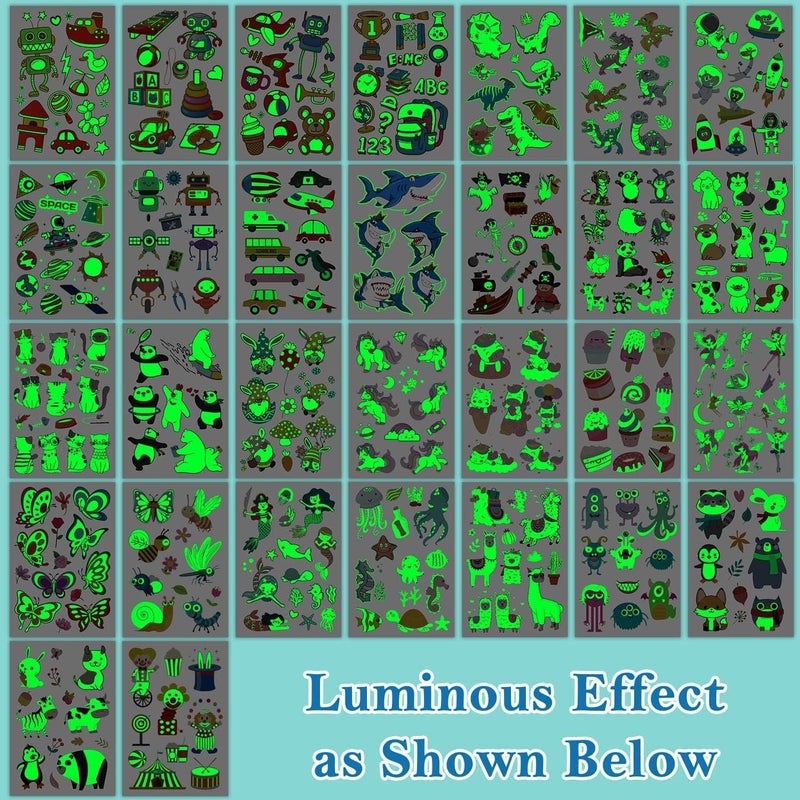 Partywind 380 Styles (30 Sheets) Luminous Tattoos for Kids, Mixed Styles Temporary Tattoos Stickers with Mermaid/Dinosaur/Space/Pirate for Boys and Girls, Glow Party Supplies - Image 3