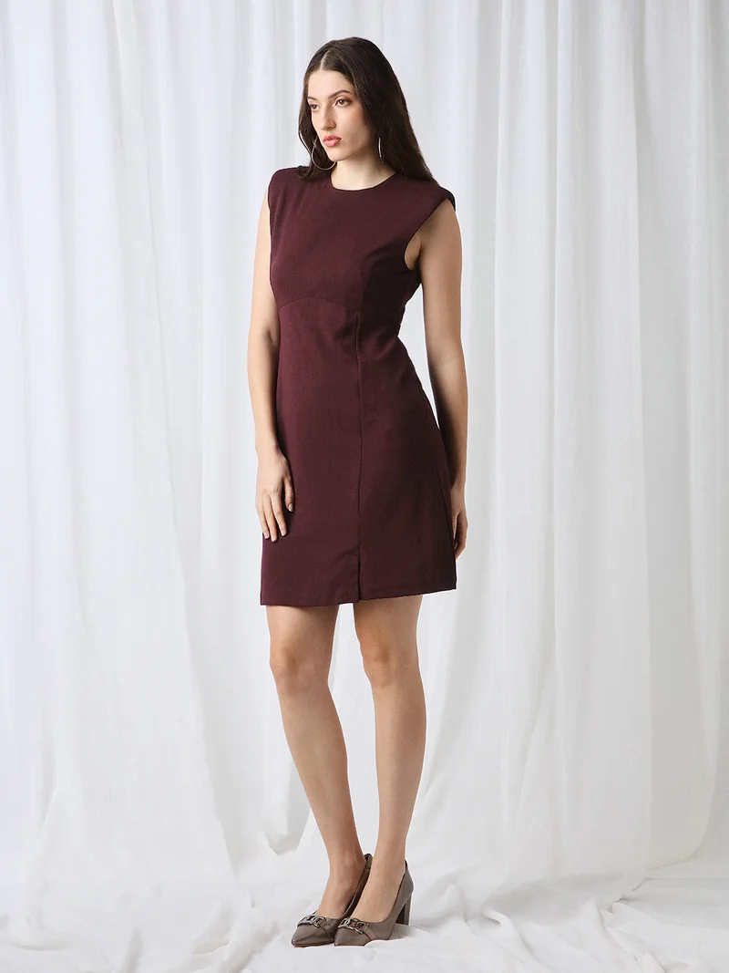 globus Globus Women Wine Round Neck Shoulder Pads Self Design Mini Workwear Sheath Dress