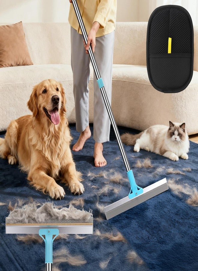 AIERSA Multifunctional Carpet Rake for Pet Hair Removal Tool 2 in 1 Metal and TPU Matted Carpet Scraper 54" Dog Hair Broom with Electrostatic Remover Glove for Couch Furniture Car - Image 1