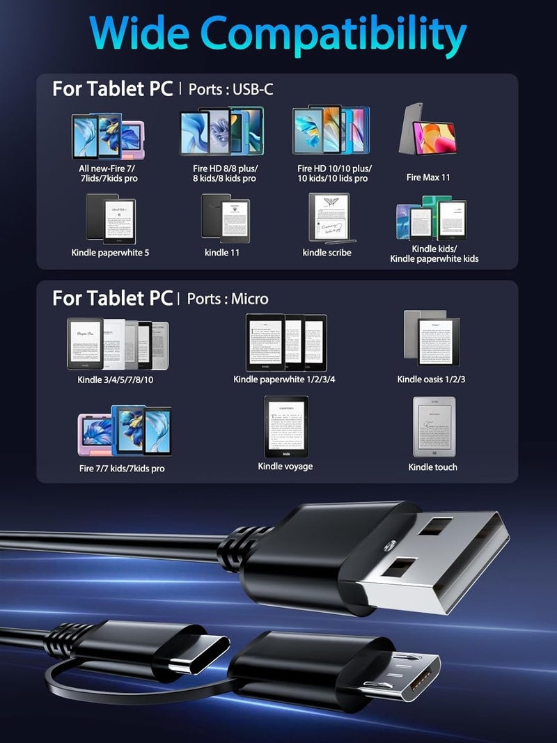 شاحن سريع بطول 10 أقدام لجهاز أمازون فاير تابلت، كابل شاحن مايكرو USB وكابل شحن USB-C لجهاز كيندل بيبروايت، فاير إتش دي 10 و8 و7 بلس، ماكس برو، إصدار كيدز، فوياج، تاتش، الجيل التاسع إلى الحادي عشر 2019، 2020، 2021، 2023. - Image 5