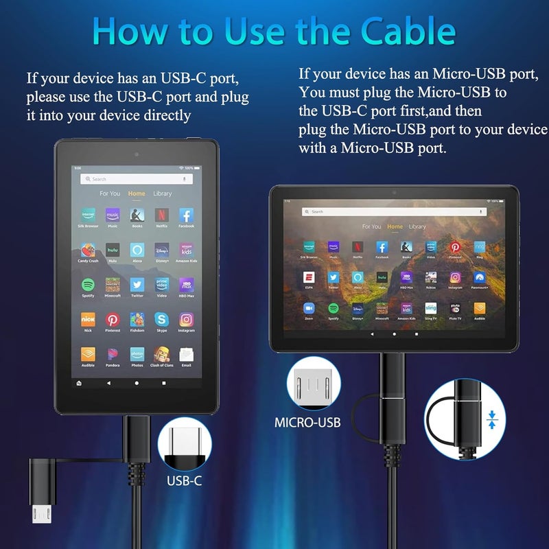 شاحن سريع بطول 10 أقدام لجهاز أمازون فاير تابلت، كابل شاحن مايكرو USB وكابل شحن USB-C لجهاز كيندل بيبروايت، فاير إتش دي 10 و8 و7 بلس، ماكس برو، إصدار كيدز، فوياج، تاتش، الجيل التاسع إلى الحادي عشر 2019، 2020، 2021، 2023. - Image 4