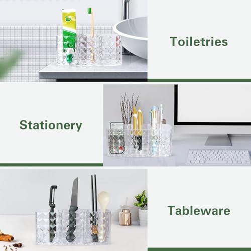 MosQuick® Elegant Makeup Brush Holder Pen Stand remote holder Multifunctional Organiser for Desk Premium bathroom organizer Acrylic Clear 3-Compartment comb holder dressing table organiser(clear) - Image 5
