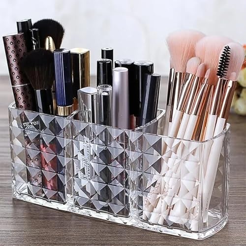 MosQuick® Elegant Makeup Brush Holder Pen Stand remote holder Multifunctional Organiser for Desk Premium bathroom organizer Acrylic Clear 3-Compartment comb holder dressing table organiser(clear) - Image 4