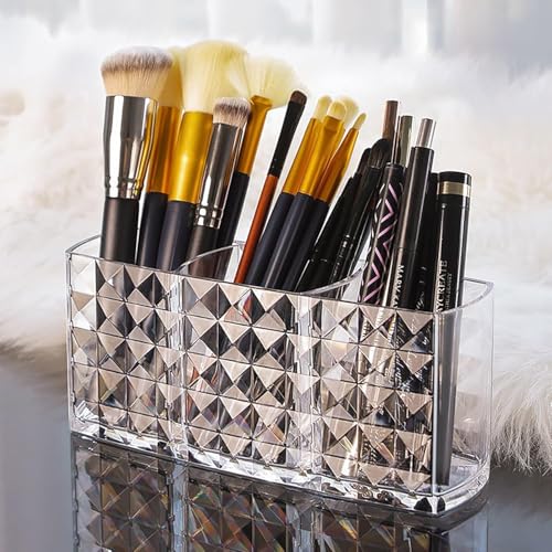 MosQuick® Elegant Makeup Brush Holder Pen Stand remote holder Multifunctional Organiser for Desk Premium bathroom organizer Acrylic Clear 3-Compartment comb holder dressing table organiser(clear) - Image 1