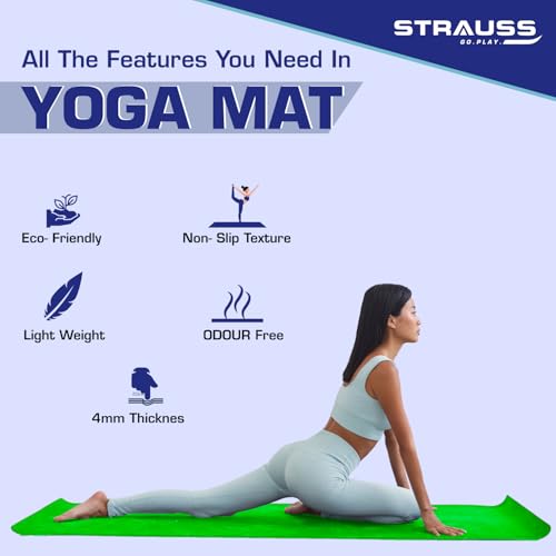 STRAUSS Yoga Mat with Carry Bag | Anti-Slip Exercise Mat for Women & Men | Home Gym Workout, Yoga, Pilates | Eco-friendly | Non-Slip Surface | Lightweight & Durable | 4mm (Green) - Image 2