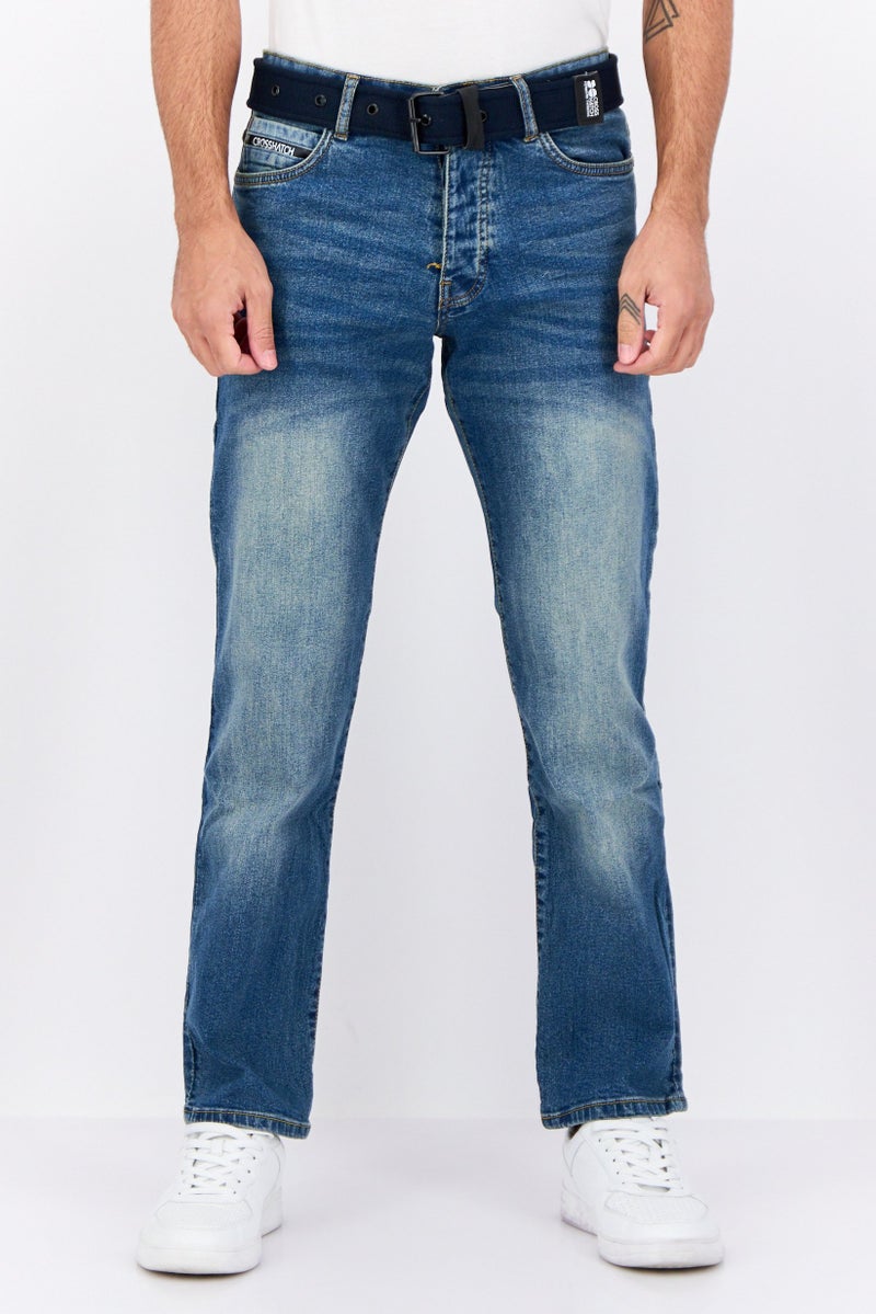 CROSSHATCH Men Regular Fit Washed Belted Stretchable Jeans, Blue - Image 1