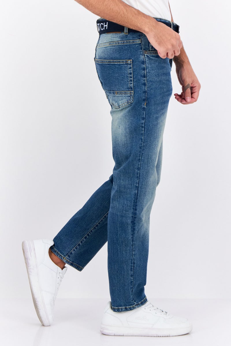 CROSSHATCH Men Regular Fit Washed Belted Stretchable Jeans, Blue - Image 2