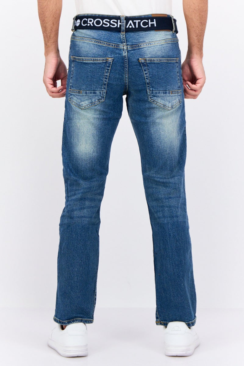CROSSHATCH Men Regular Fit Washed Belted Stretchable Jeans, Blue - Image 3