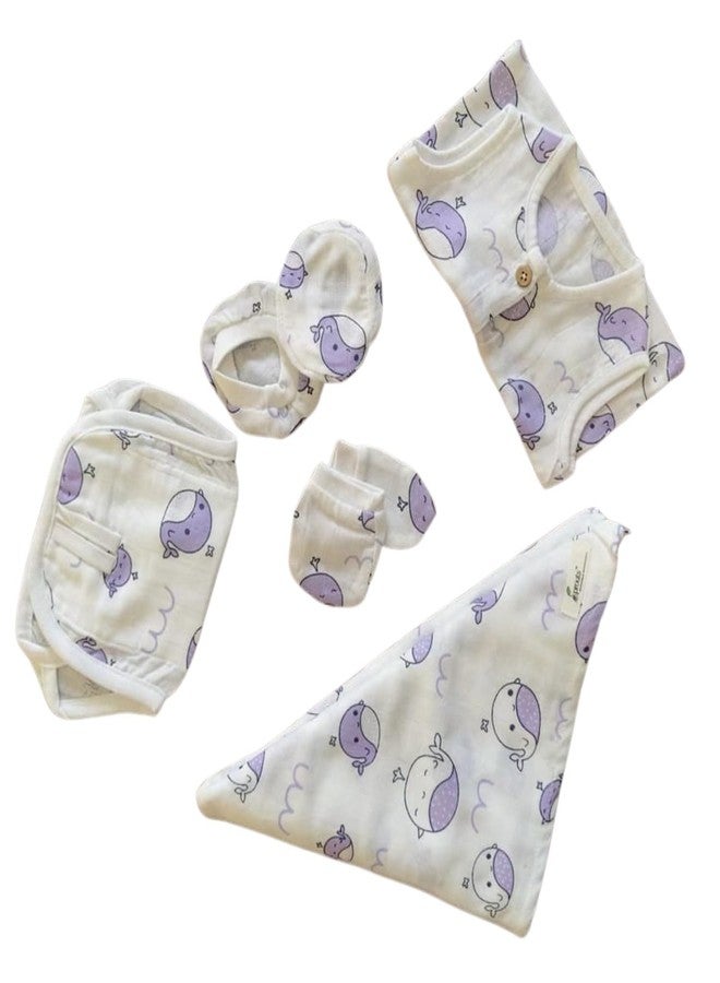 Sprouts Cotton Muslin Jabla/Gloves/Booties / 1mtr x 1mtr Towel/Nappy (Whale Print) - Image 1