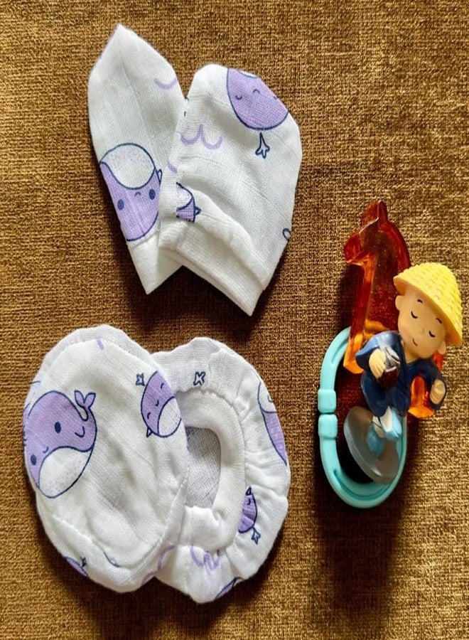 Sprouts Cotton Muslin Jabla/Gloves/Booties / 1mtr x 1mtr Towel/Nappy (Whale Print) - Image 2