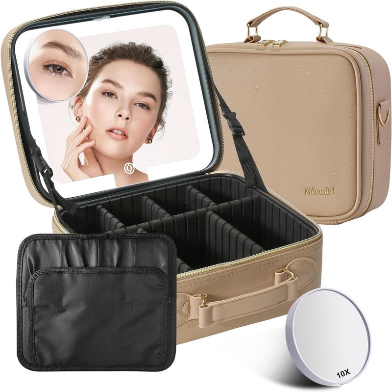 Mocado Travel Makeup Bag with LED Lighted Mirror,Travel Makeup Organizer,Makeup Case with 3 Color Lighted Setting and 10x Magnifying Mirror,Portable Storage and Adjustable Dividers Makeup Box(Khaki) - Image 1