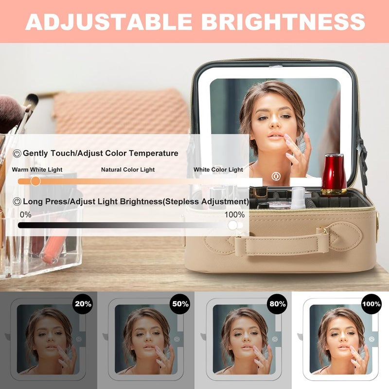 Mocado Travel Makeup Bag with LED Lighted Mirror,Travel Makeup Organizer,Makeup Case with 3 Color Lighted Setting and 10x Magnifying Mirror,Portable Storage and Adjustable Dividers Makeup Box(Khaki) - Image 4
