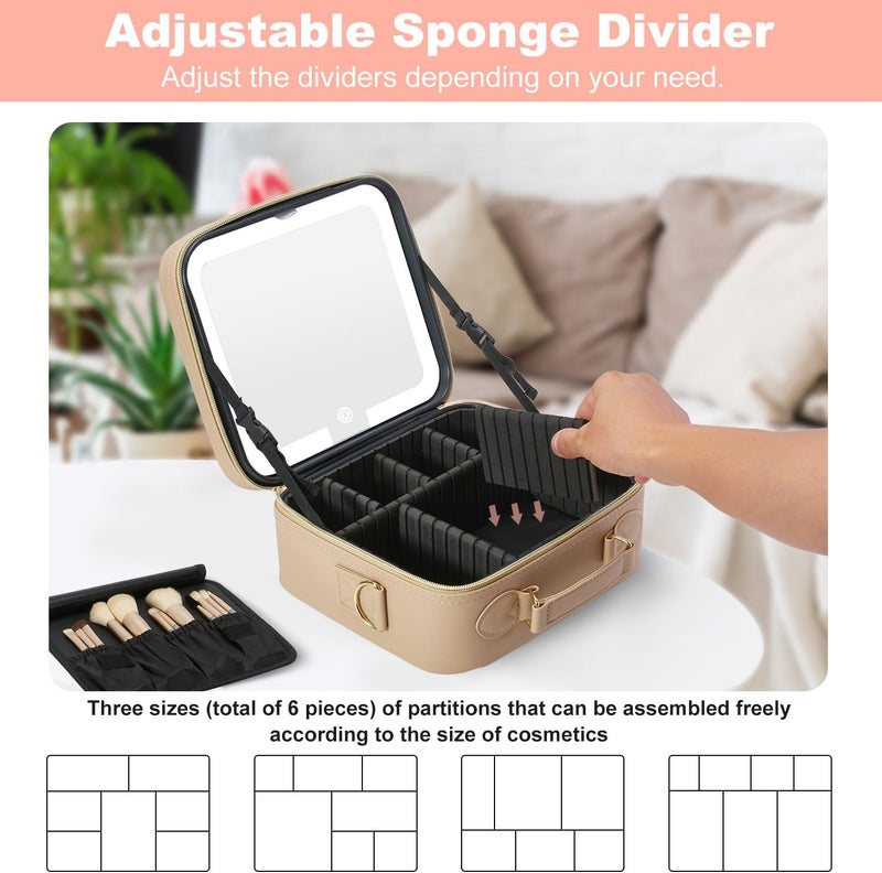 Mocado Travel Makeup Bag with LED Lighted Mirror,Travel Makeup Organizer,Makeup Case with 3 Color Lighted Setting and 10x Magnifying Mirror,Portable Storage and Adjustable Dividers Makeup Box(Khaki) - Image 5