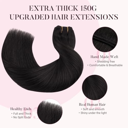MAXITA Clip in Hair Extensions Real Human Hair,Remy Hair Extensions Clip ins Double Weft for Women,Natural Real Human Hair,14Inch 135g 9Pcs,Natural Black - Image 3