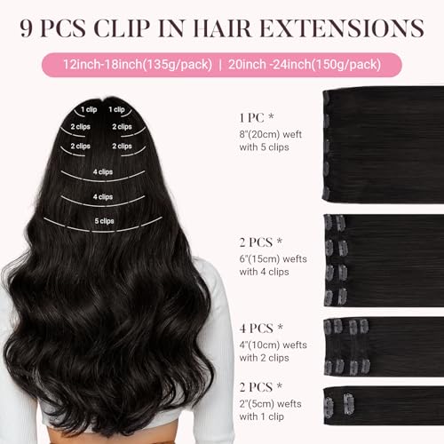 MAXITA Clip in Hair Extensions Real Human Hair,Remy Hair Extensions Clip ins Double Weft for Women,Natural Real Human Hair,14Inch 135g 9Pcs,Natural Black - Image 2