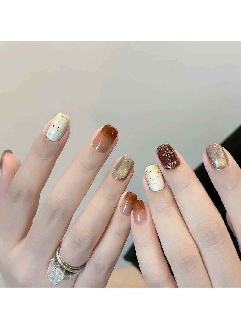 Goolsky Fall Winter Press On Nails – Short French Gradient Amber Cat Eye Chrome Powder Maillard Style Nail Tips, 24pcs Reusable - Image 2