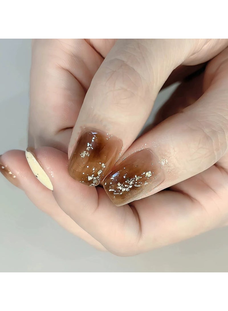 Goolsky Fall Winter Press On Nails – Short French Gradient Amber Cat Eye Chrome Powder Maillard Style Nail Tips, 24pcs Reusable - Image 3