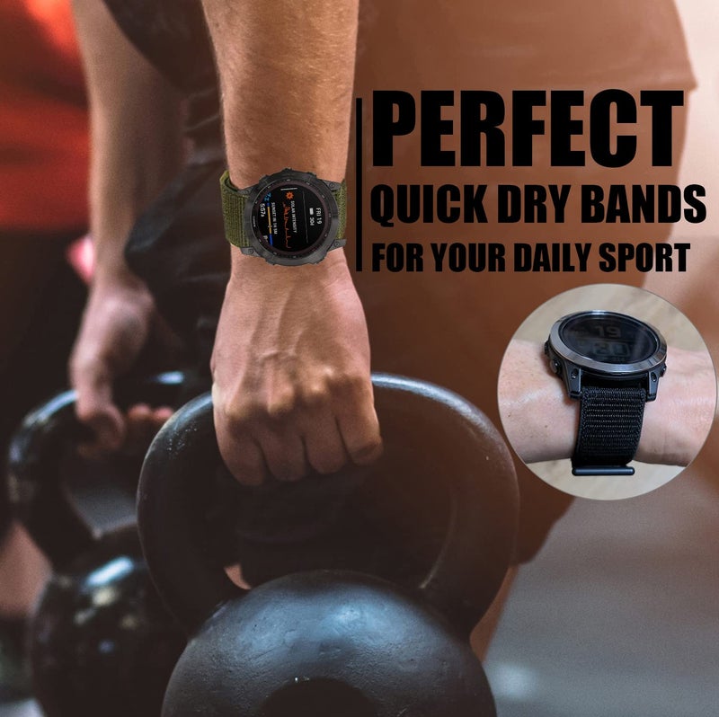 Olytop Fenix 8 47mm/Fenix 7/6/5/EPIX Gen 2/ Pro 47mm Watch Bands, 22mm Hook & Loop Quick Dry Nylon Sport Replacement Strap for Garmin Fenix 8/E47mm/6 Pro/7 pro/5 Plus/Instinct/Forerunner 935, Black/Green/Grey - Image 4