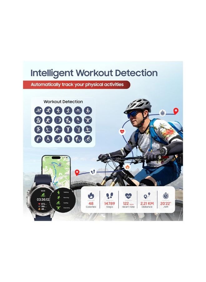SWISS MILITARY - SWISS MILITARY DOM5 Smartwatch 1.43-inch AMOLED, Bluetooth Calling, Multi Language, Health And Sports Tracking, Wireless Charging, 7 Days Battery, IP68, iOS/Android Compatible, Silver Frame with Blue Strap - Image 1