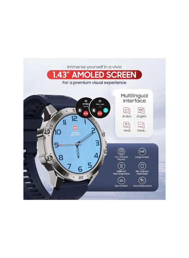 SWISS MILITARY - SWISS MILITARY DOM5 Smartwatch 1.43-inch AMOLED, Bluetooth Calling, Multi Language, Health And Sports Tracking, Wireless Charging, 7 Days Battery, IP68, iOS/Android Compatible, Silver Frame with Blue Strap - Image 1