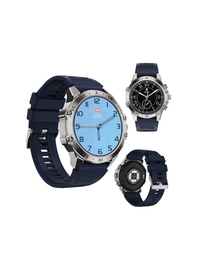 SWISS MILITARY - SWISS MILITARY DOM5 Smartwatch 1.43-inch AMOLED, Bluetooth Calling, Multi Language, Health And Sports Tracking, Wireless Charging, 7 Days Battery, IP68, iOS/Android Compatible, Silver Frame with Blue Strap - Image 1