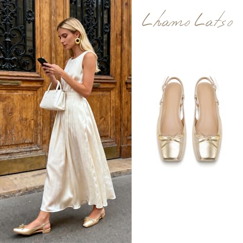 Lhamo Latso Gold Ballet Flats 1 Inch Low Block Heel Ballerina Flat Comfortable Bow Dressy Flats Shoes for Women Satin 8.5 - Image 5