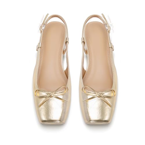 Lhamo Latso Gold Ballet Flats 1 Inch Low Block Heel Ballerina Flat Comfortable Bow Dressy Flats Shoes for Women Satin 8.5 - Image 4
