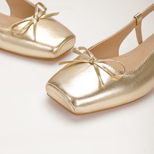 Lhamo Latso Gold Ballet Flats 1 Inch Low Block Heel Ballerina Flat Comfortable Bow Dressy Flats Shoes for Women Satin 8.5 - Image 3