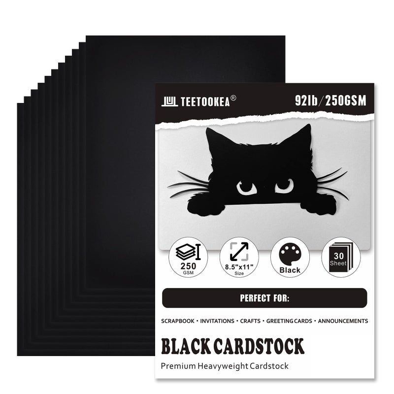 TEETOOKEA 30 Sheets Black Cardstock, 8.5 x 11 Card Stock, 92lb/250gsm Thick Cover Stock, Heavyweight Printer Paper for Invitations, Scrapbooking, Crafting, DIY Projects, Decoration and Drawing - Image 1