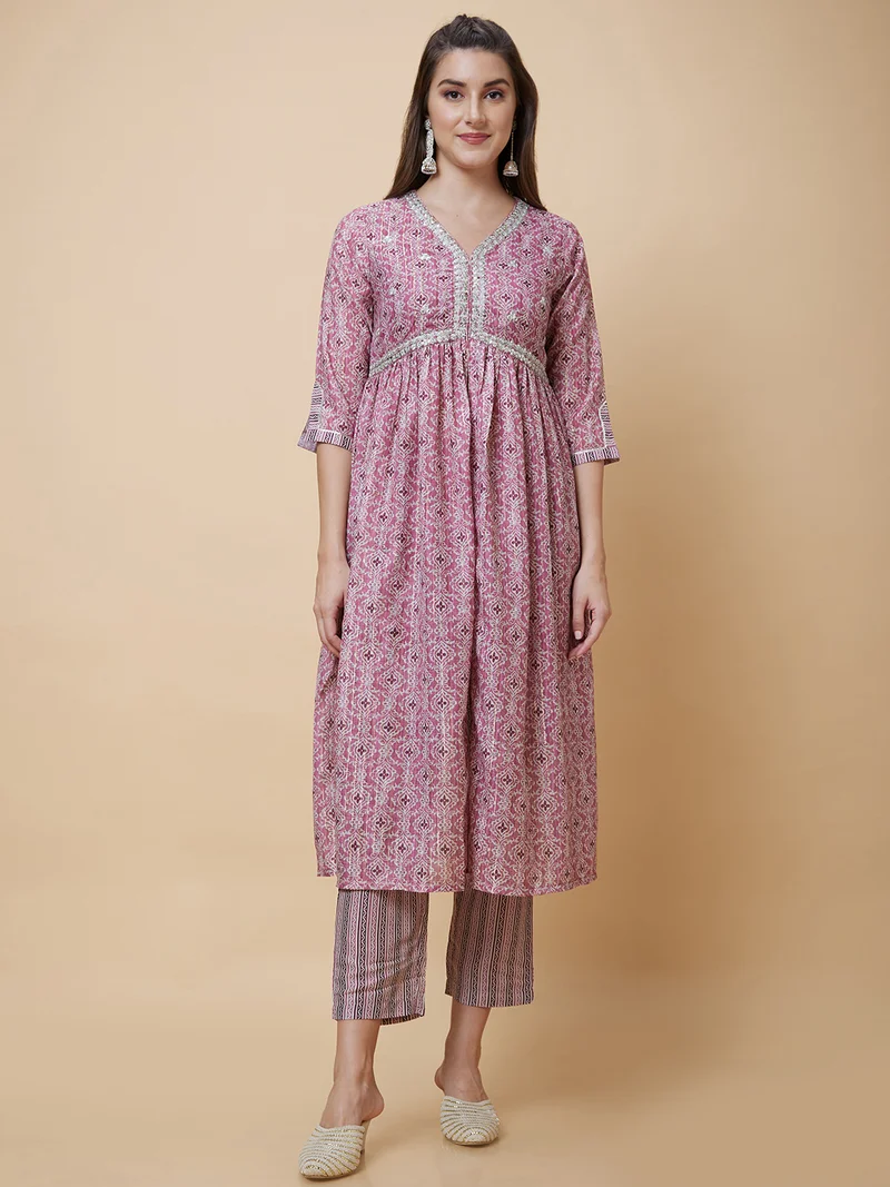 globus Women Pink Ethnic Motifs Printed Sequinned High Slit A-Line Kurta With Trousers