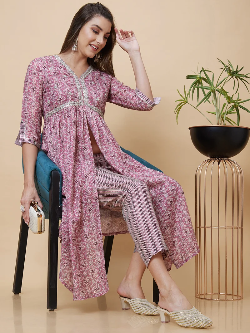 globus Women Pink Ethnic Motifs Printed Sequinned High Slit A-Line Kurta With Trousers
