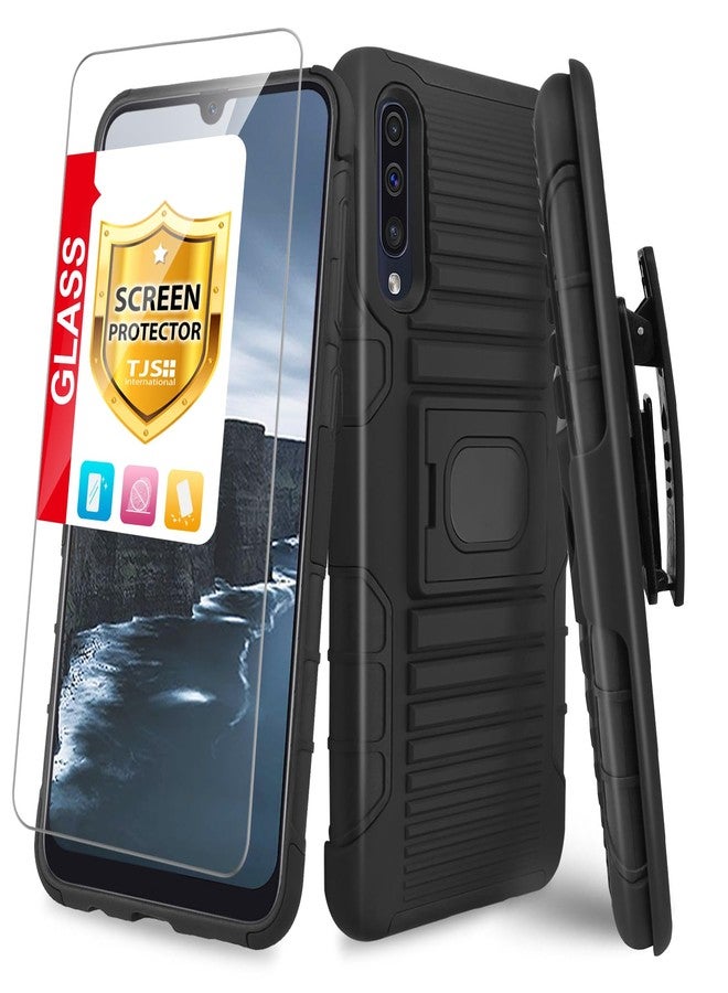 TJ's TJS Phone Case Compatible with Samsung Galaxy A50/Galaxy A30/Galaxy A20, [Tempered Glass Screen Protector] Belt Clip Holster Magnetic Support Hybrid Kickstand Heavy Duty Cover (Black) - Image 1