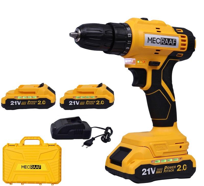 MECRAAF® 21V Cordless Screwdriver and Drill Machine - Compact, Lightweight, Powerful - 1300 RPM | Reversible switch Multi-Torque Clutch, 10mm Keyless Chuck - 2 x2.0Ah Battery | 6 months motor warranty - Image 1