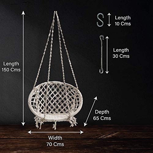 Swingzy Cotton Netted Rope Hanging Swing Chair for Adults & Kids/Swing for Balcony/Outdoor Swing Chair/Hammock Swing for Home, Patio, Garden, Indoor (120 Kg Capacity, White) - Image 3