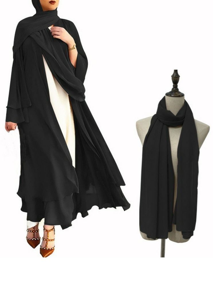 Loquat Women's Solid Color Flared Long-Sleeved Abaya with Turban Women's Elegant Long Cardigan Dress Two-Piece Set Black 