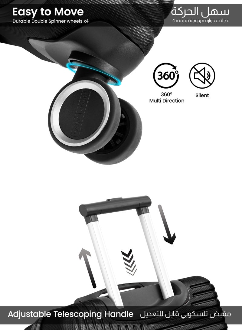 بارا جون مجموعة حقائب سفر خفيفة الوزن من مادة ABS ذات جوانب صلبة وعجلات دوارة مكونة من 3 قطع مع قفل مقاس 20/24/28 بوصة - أسود - Image 3
