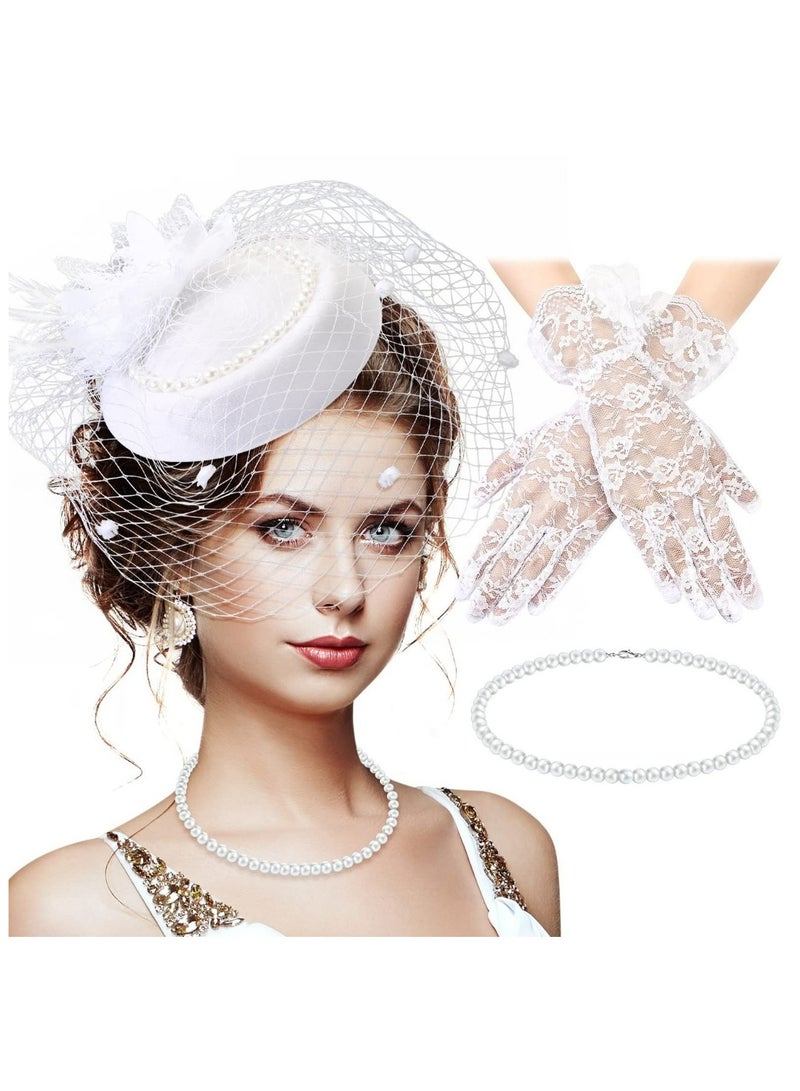 CMGTYYD 1950s Vintage Fascinator Hat Faux Feather Mesh Net Hat Tea Party Headwear with Veil and Women Short Lace Gloves Imitation Pearl Necklace Costume Accessories for Girls and Women Wedding White