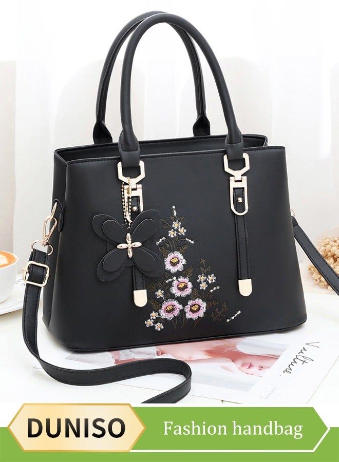 DUNISO Women PU Leather Satchel Handbag,Crossbody Handbag Shoulder Bag for Women,Elegant Floral Pattern Handbag,Women Fashion Faux Leather Shoulder Bag,Trendy Double Handle Purse,Small Totes  - Image 1