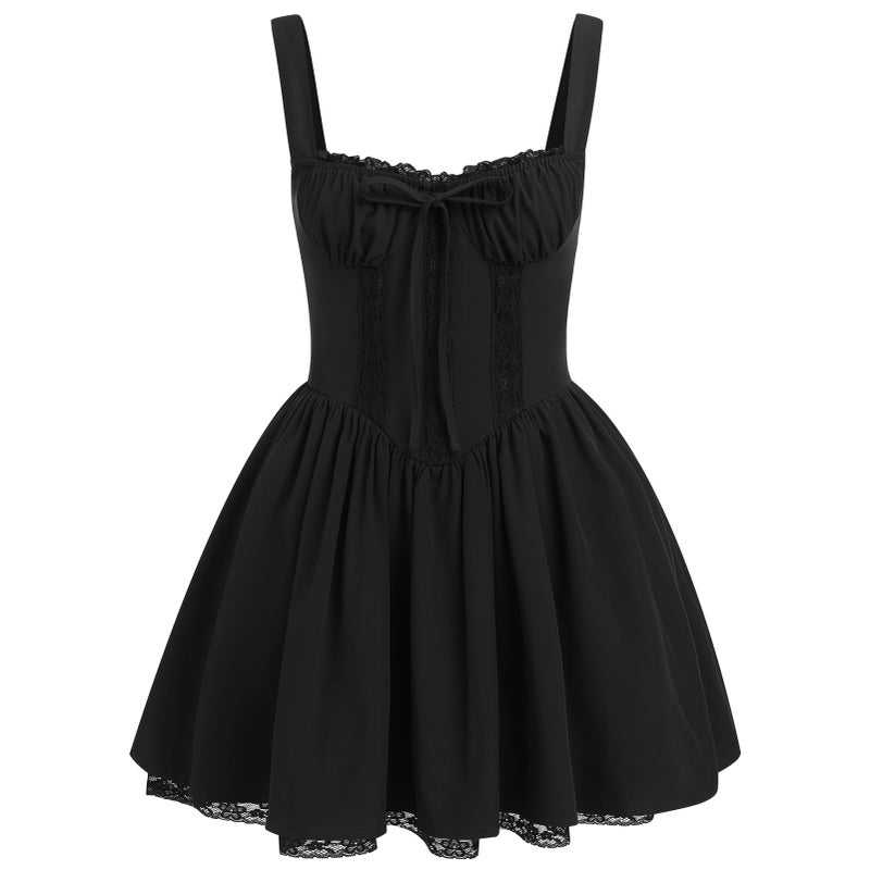 ABEWIP Corset Dresses for Women Spaghetti Straps Short Mini Floral Lace Bustier Dress Summer Boho Sundress Black XL - Image 1