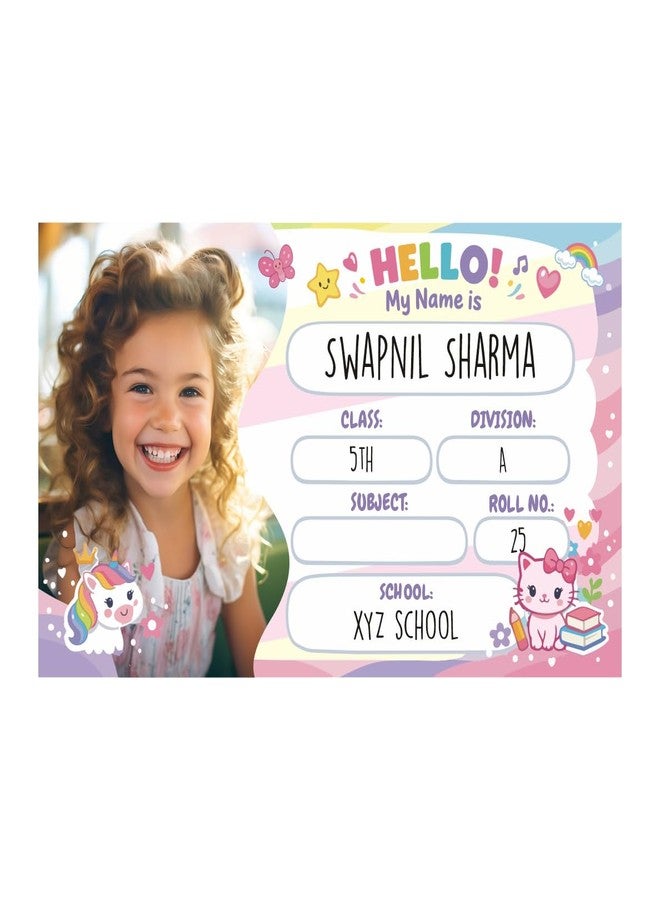Graficative Customized Name Slip for Children, 30 pcs, Label Sticker, Personalized Name Stickers with Your Kids Picture for School Supplies, Heavy Gumming, 3.5x2 Inches (Unicorn & Kitty Big) - Image 1