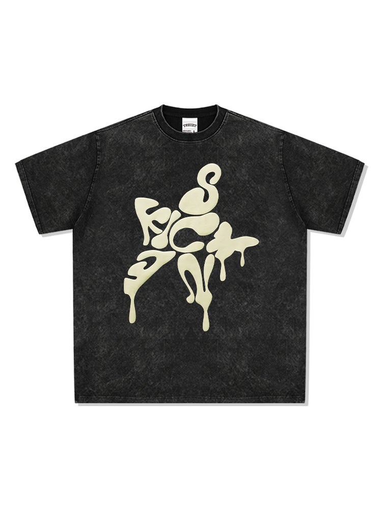 Street High Street Original Creative Five-pointed Star Printed T-shirt Trendy Brand Heavy Short-sleeved Washed Old Ins - Image 2