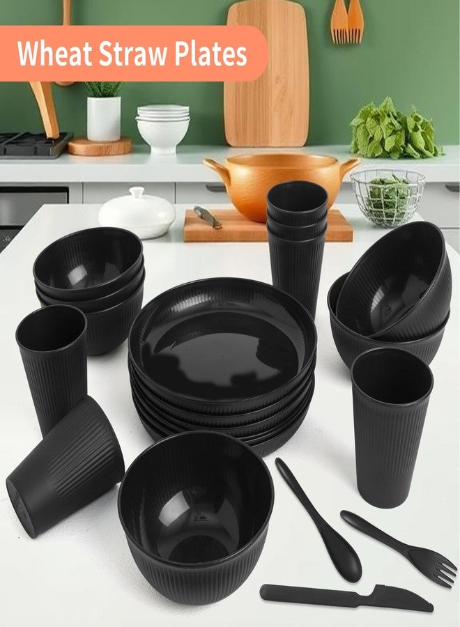 SHECIPIN 36 pcs Wheat Straw Dinnerware Sets, Unbreakable Reusable Dinnerware Set Kitchen Cups Plates and Bowls Sets, Dishwasher Microwave Safe Plates,Outdoor Camping Dishes (Black) - Image 2