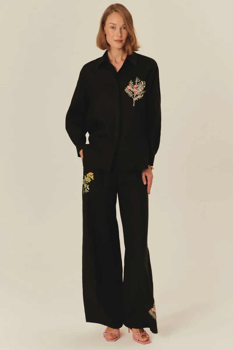 Exquise Pure Linen Embroidered High-Waisted Loose-Fit Black Trousers