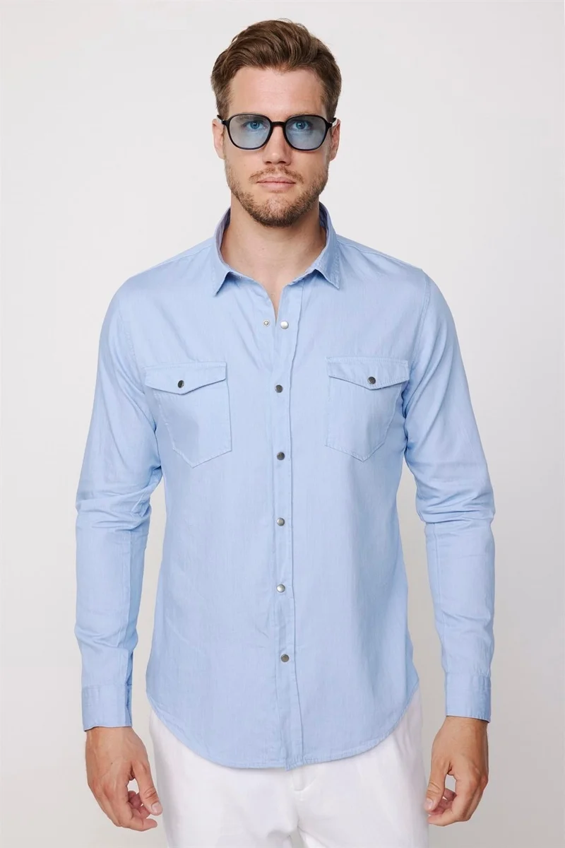 Tudors Slim Fit Long Sleeve Denim Double Pocket Snap Fastener Denim Blue Men's Shirt