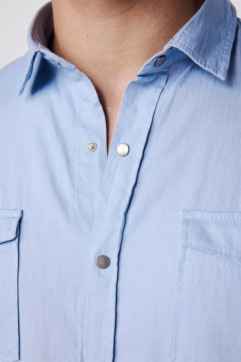 Tudors Slim Fit Long Sleeve Denim Double Pocket Snap Fastener Denim Blue Men's Shirt