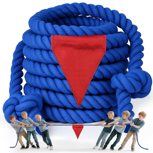 X XBEN Tug of a War Rope for Kids and Adult 25FT Tag o War Ropes with Flag for Outdoor Outside Carnival Lawn Field Team Building Game Safety Cord for School and Church Blue - Image 1